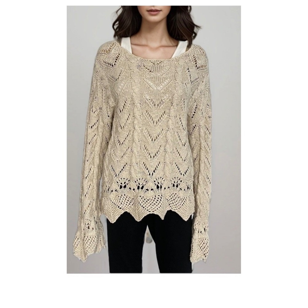 Sundance Open Knit Crochet Cotton Sweater Women's Large Tan Butterfly Cuffs Boho